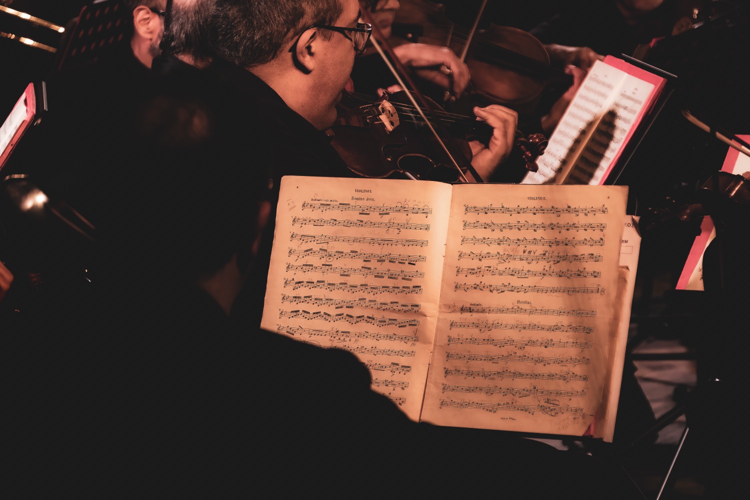 Musiciens au violon lisant une partition — ensemble instrumental